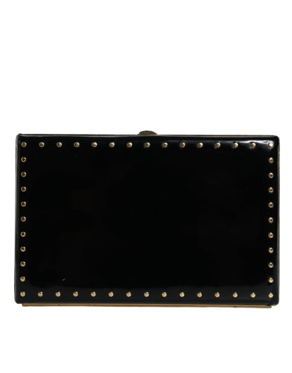 Black Leather Studs Gold Frame Clutch Evening Purse Bag