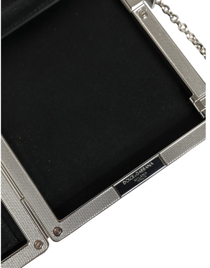 Black Leather Silver Frame Clutch Mini Crossbody Bag