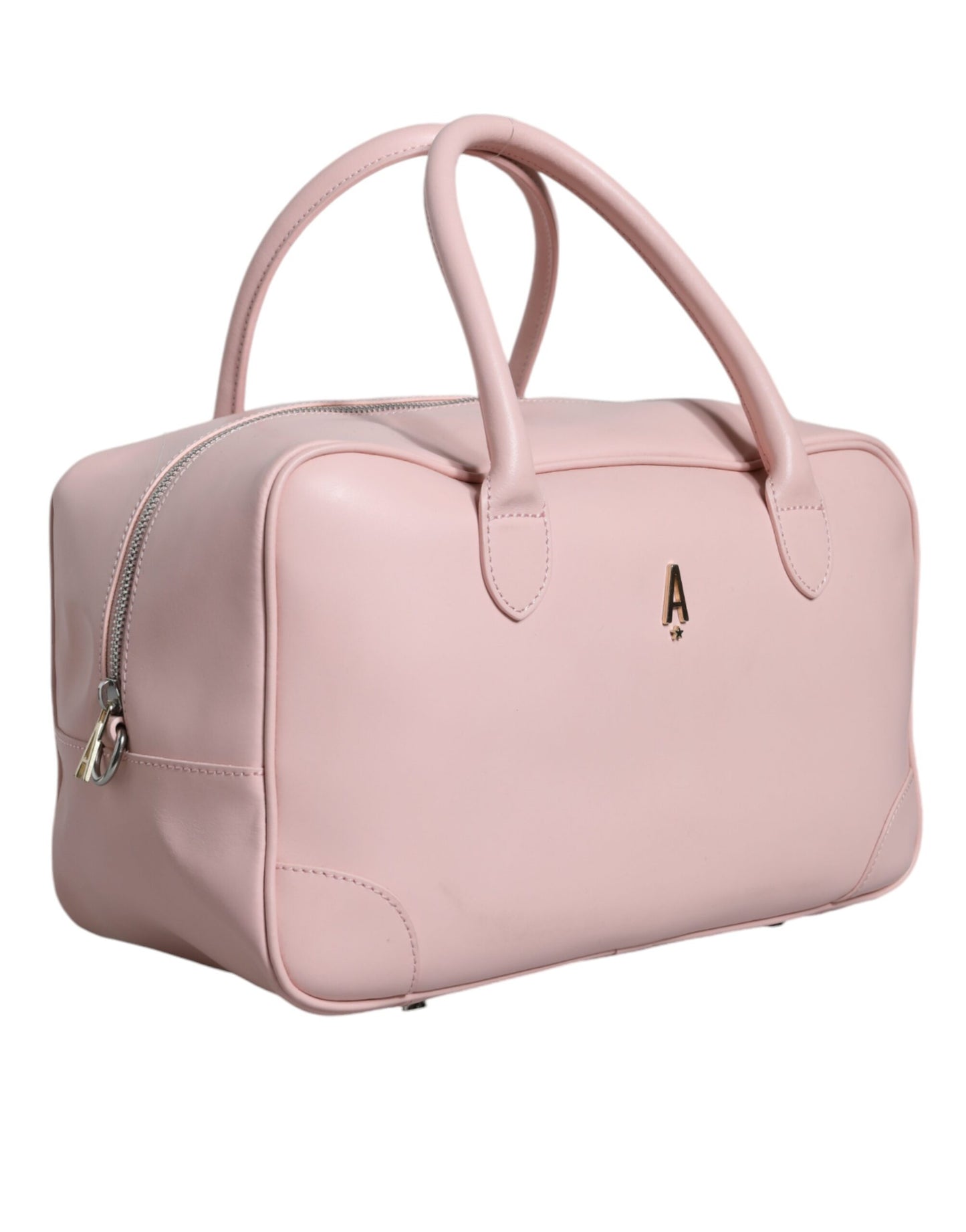 Bolso de mano con asa superior y logotipo de cuero rosa para mujer