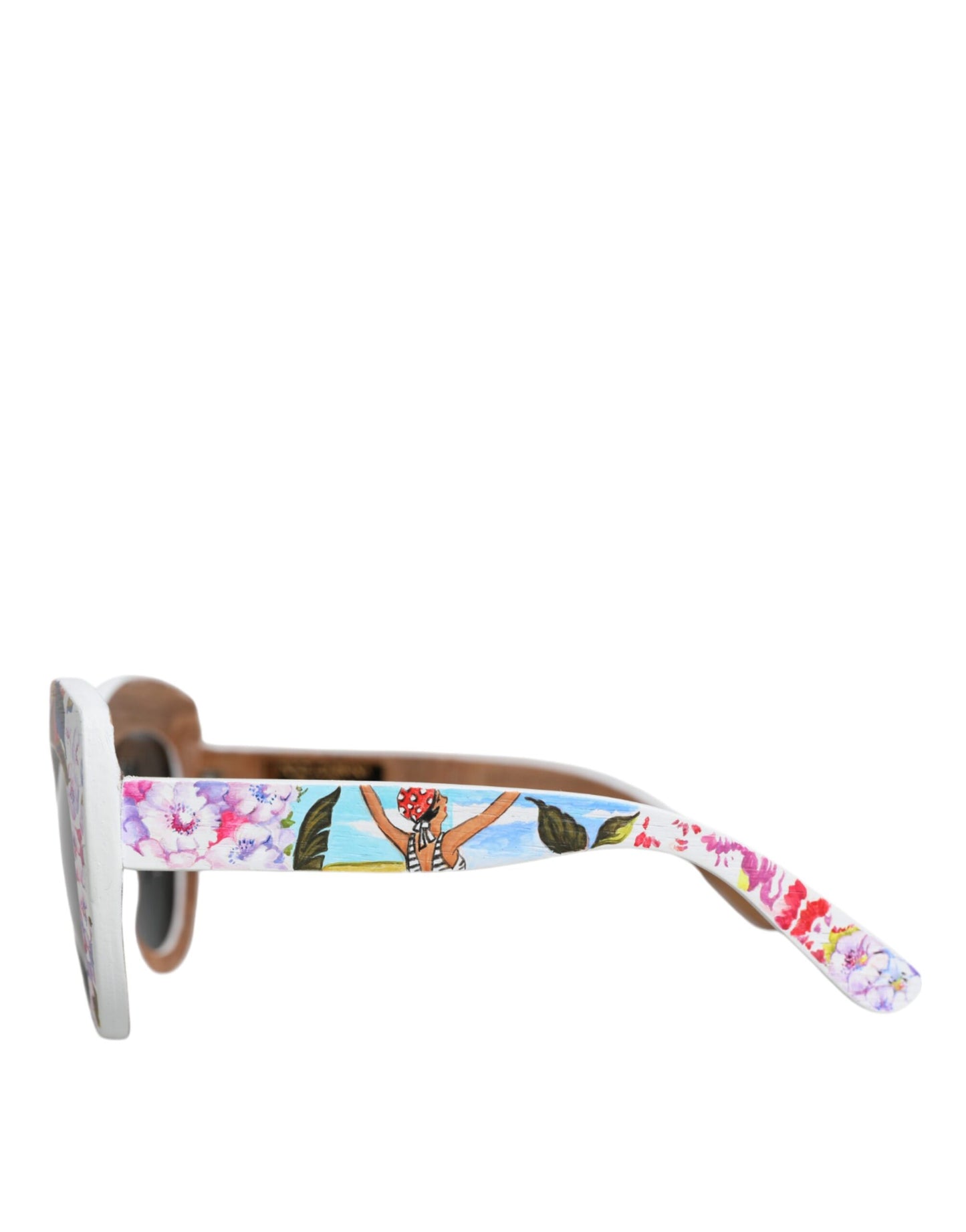 Multicolor Wood Crystal Brass Frame Floral Hand Paint Sunglasses