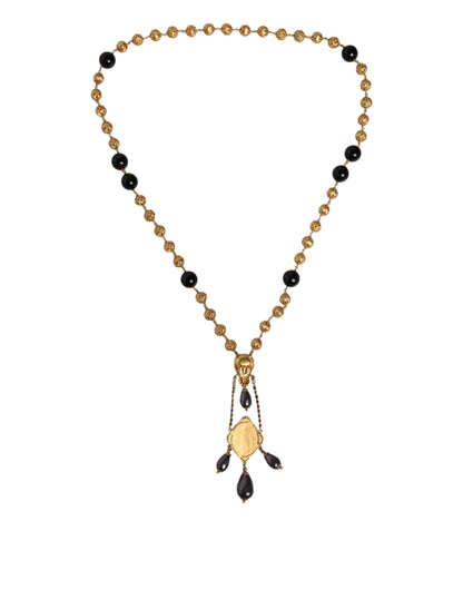 Gold Chain Brass Black Beaded Rosary Style Necklace