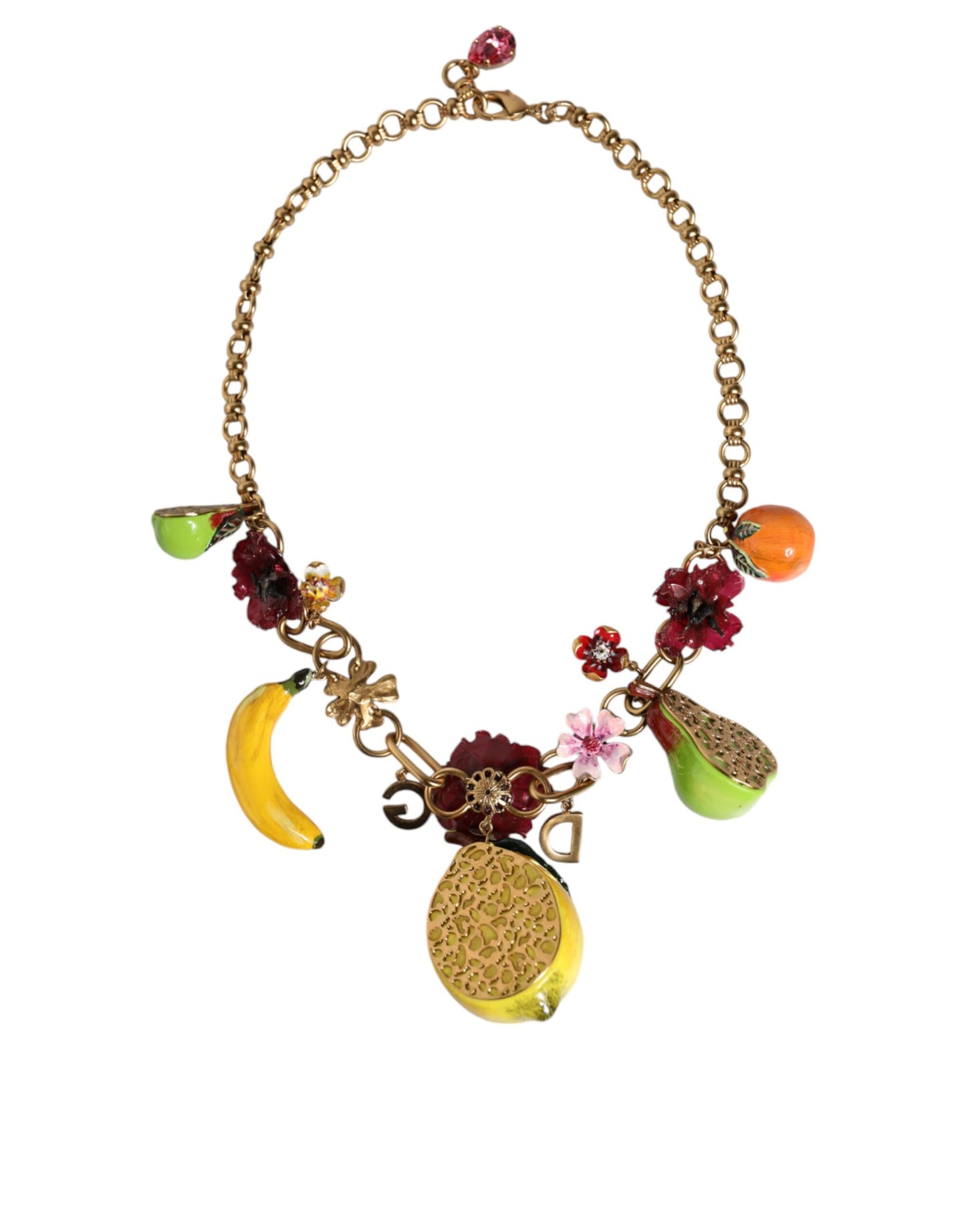 Gold Brass FRUIT Pendants Flowers Crystal Logo Necklace