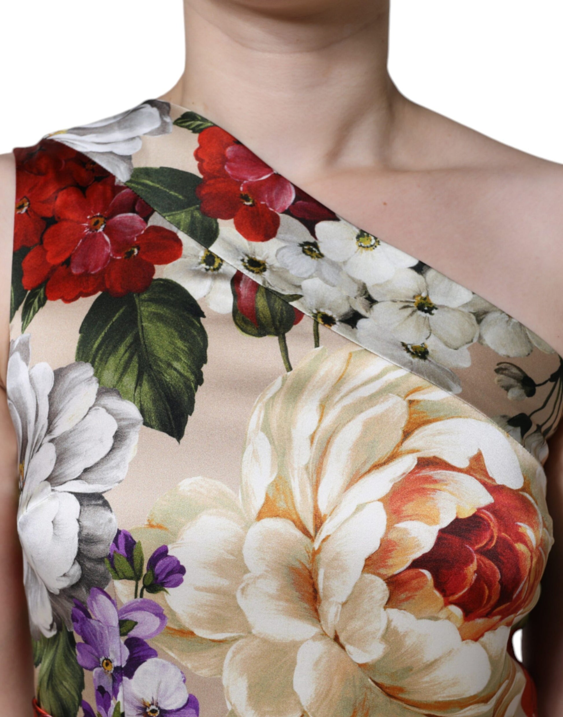 Vestido de un hombro elástico de seda con estampado floral multicolor