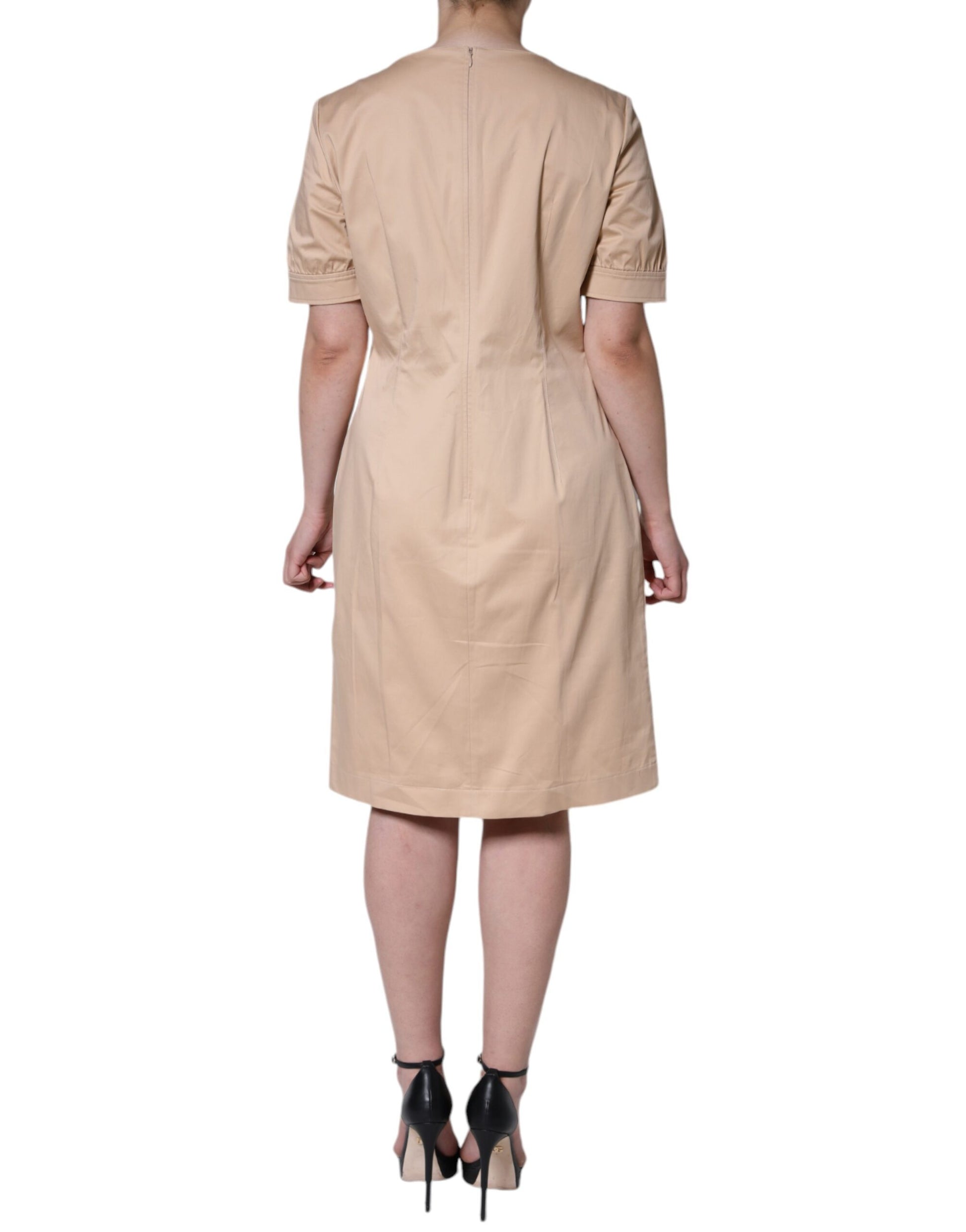 Beige Cotton Short Sleeve Knee Length Dress