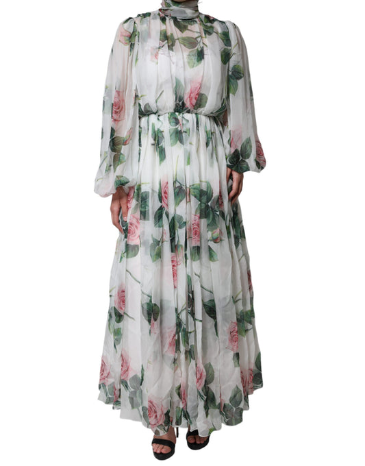 Vestido largo maxi con estampado floral de seda blanca