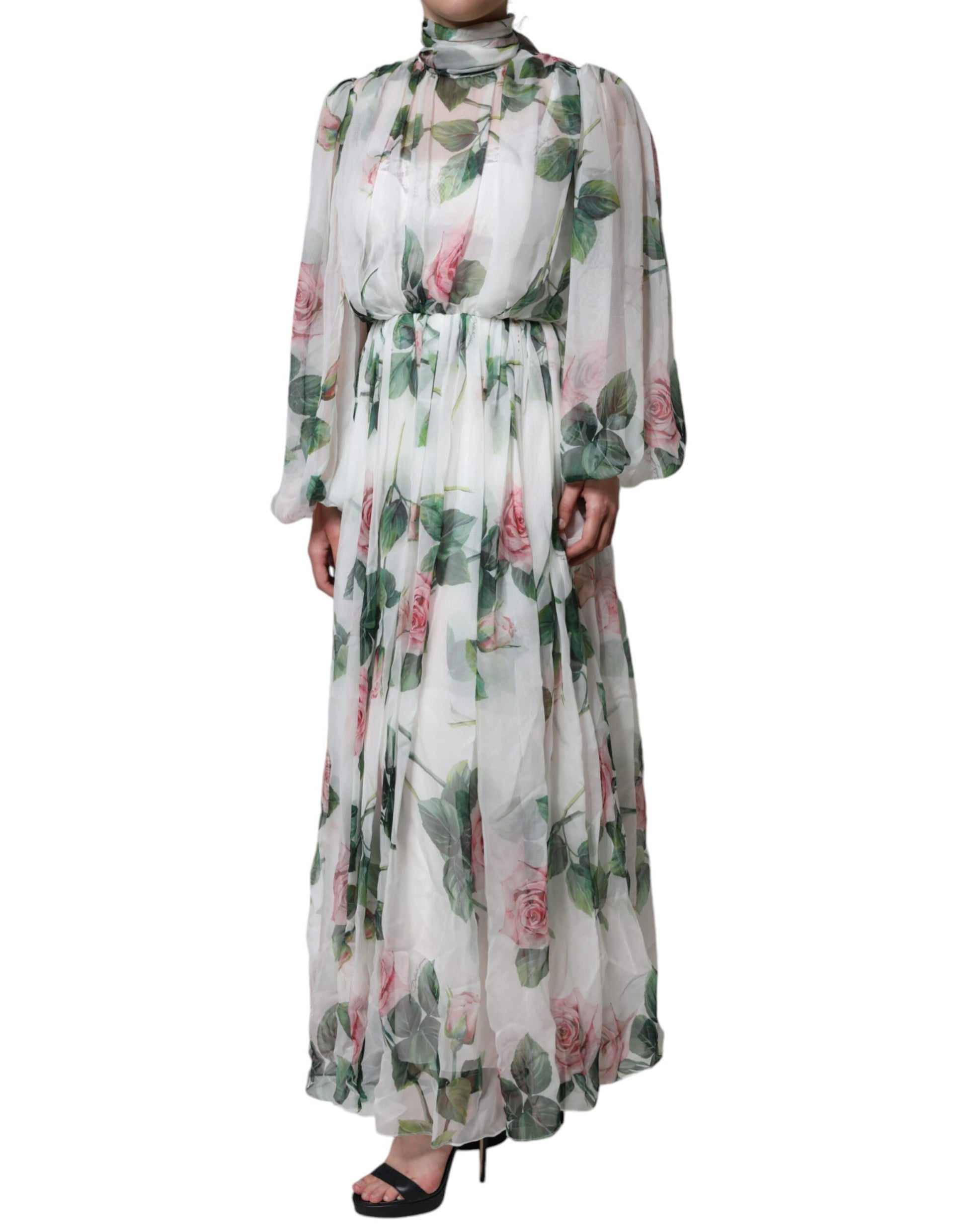 Vestido largo maxi con estampado floral de seda blanca