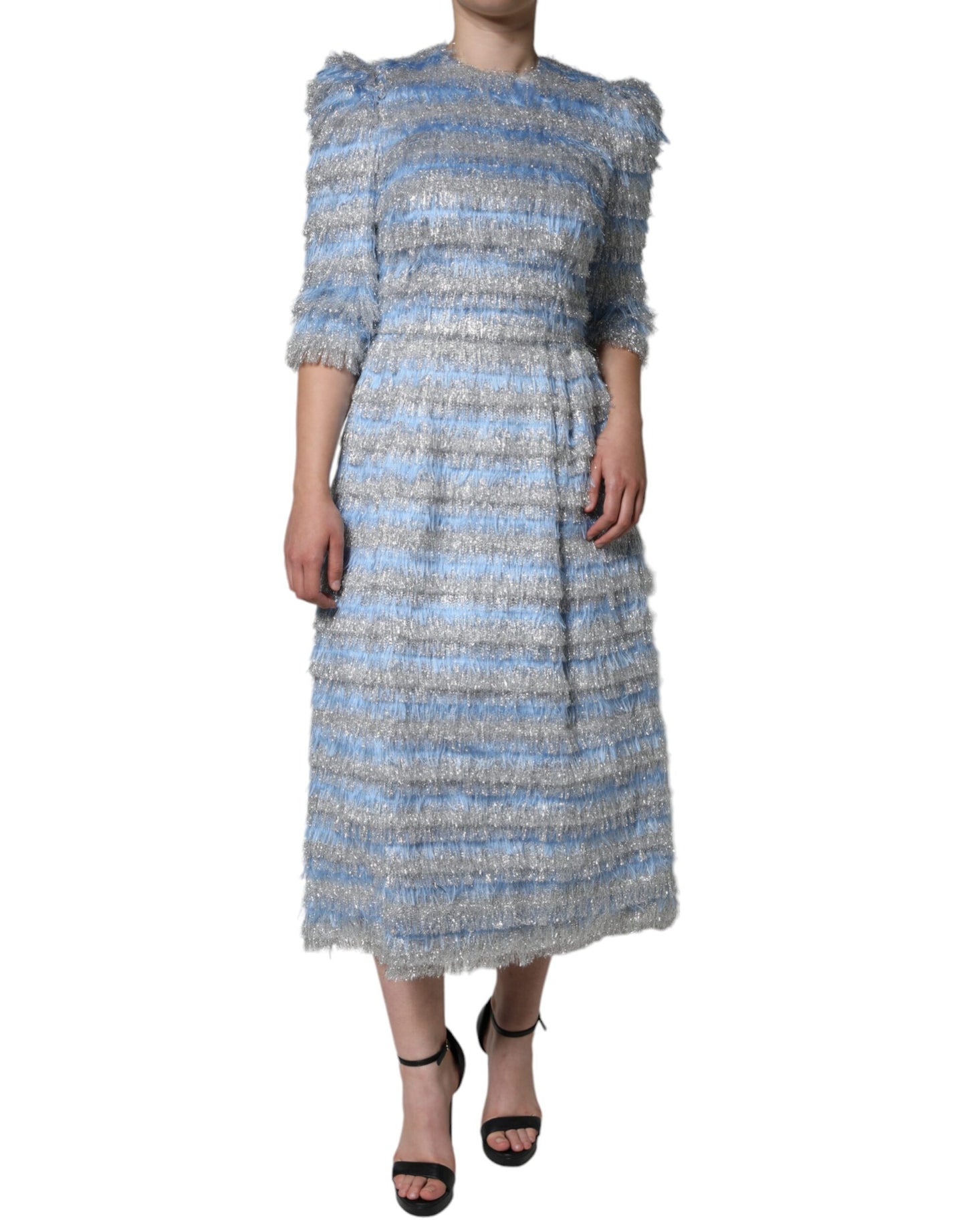 Vestido midi de corte A en jacquard plateado y azul claro