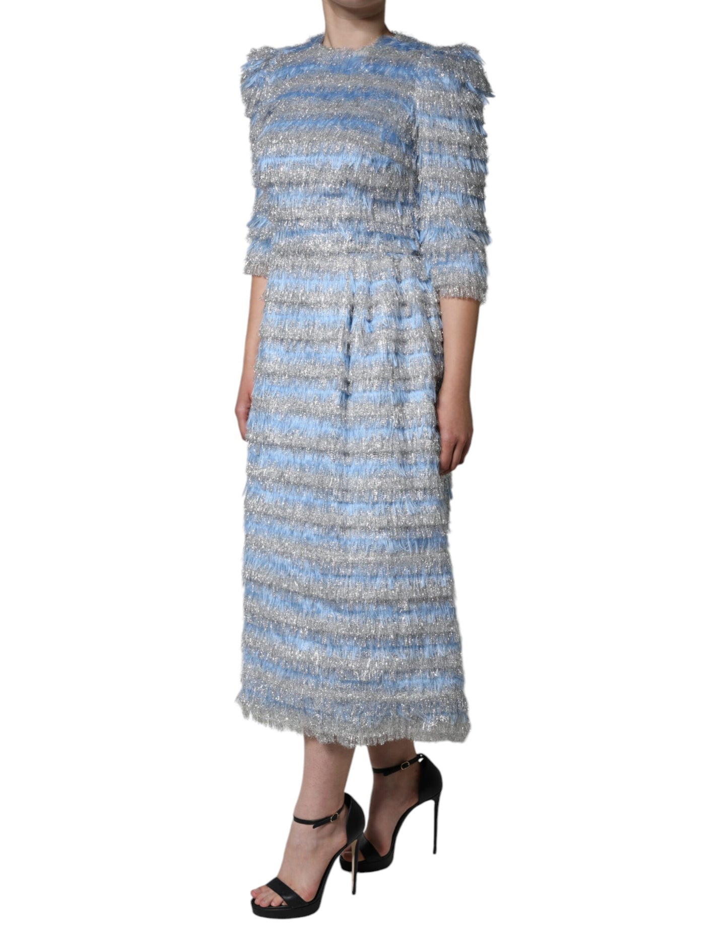 Vestido midi de corte A en jacquard plateado y azul claro