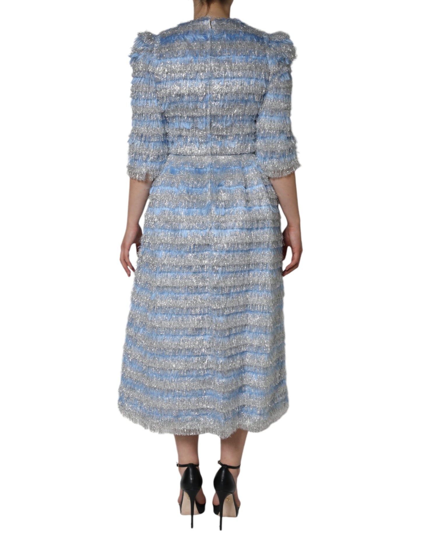 Vestido midi de corte A en jacquard plateado y azul claro