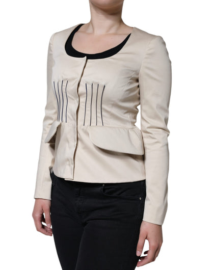 Beige Cotton Long Sleeves Round Neck Blazer Jacket