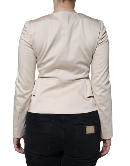 Beige Cotton Long Sleeves Round Neck Blazer Jacket