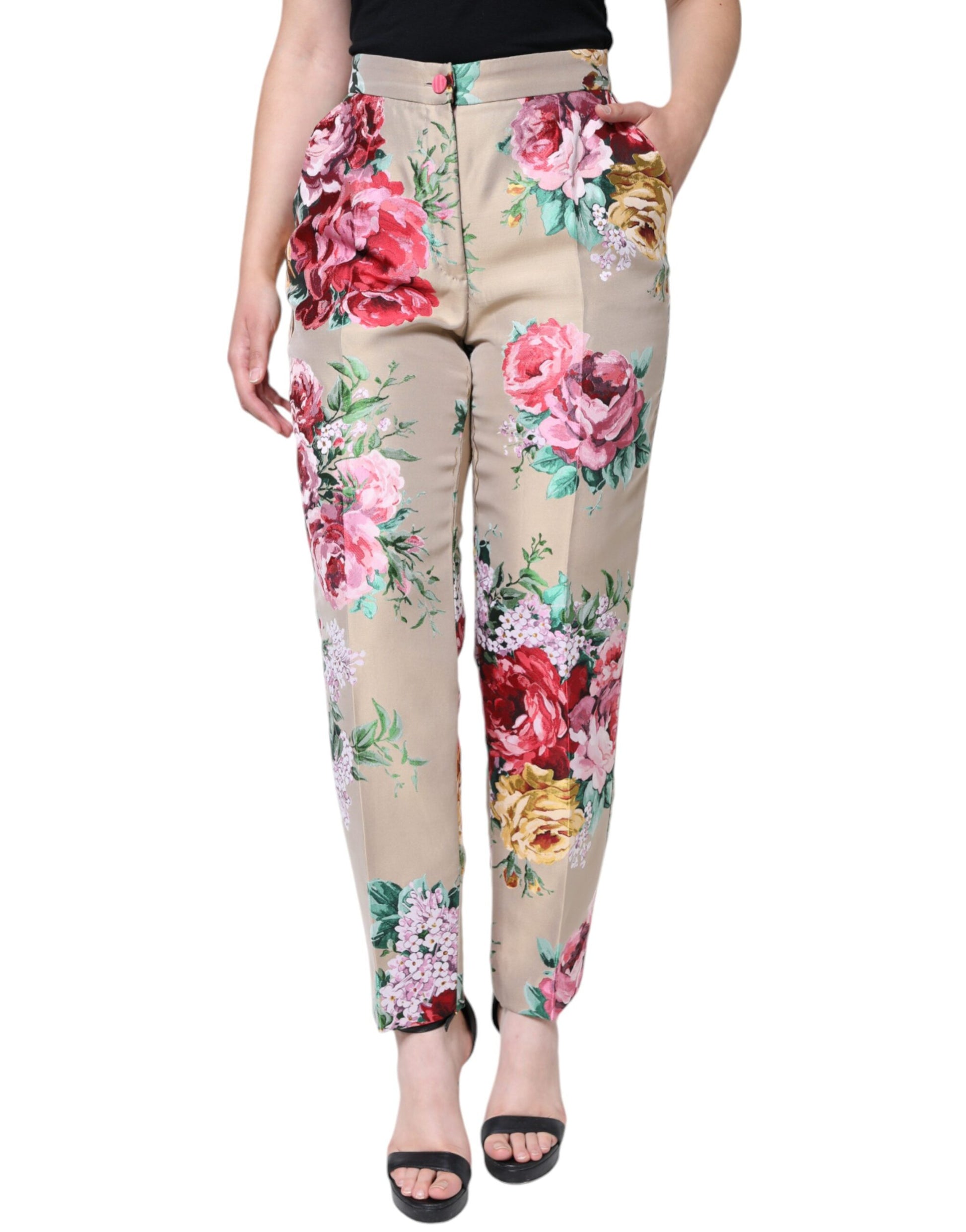 Pantalones ajustados de cintura alta con estampado floral en jacquard beige