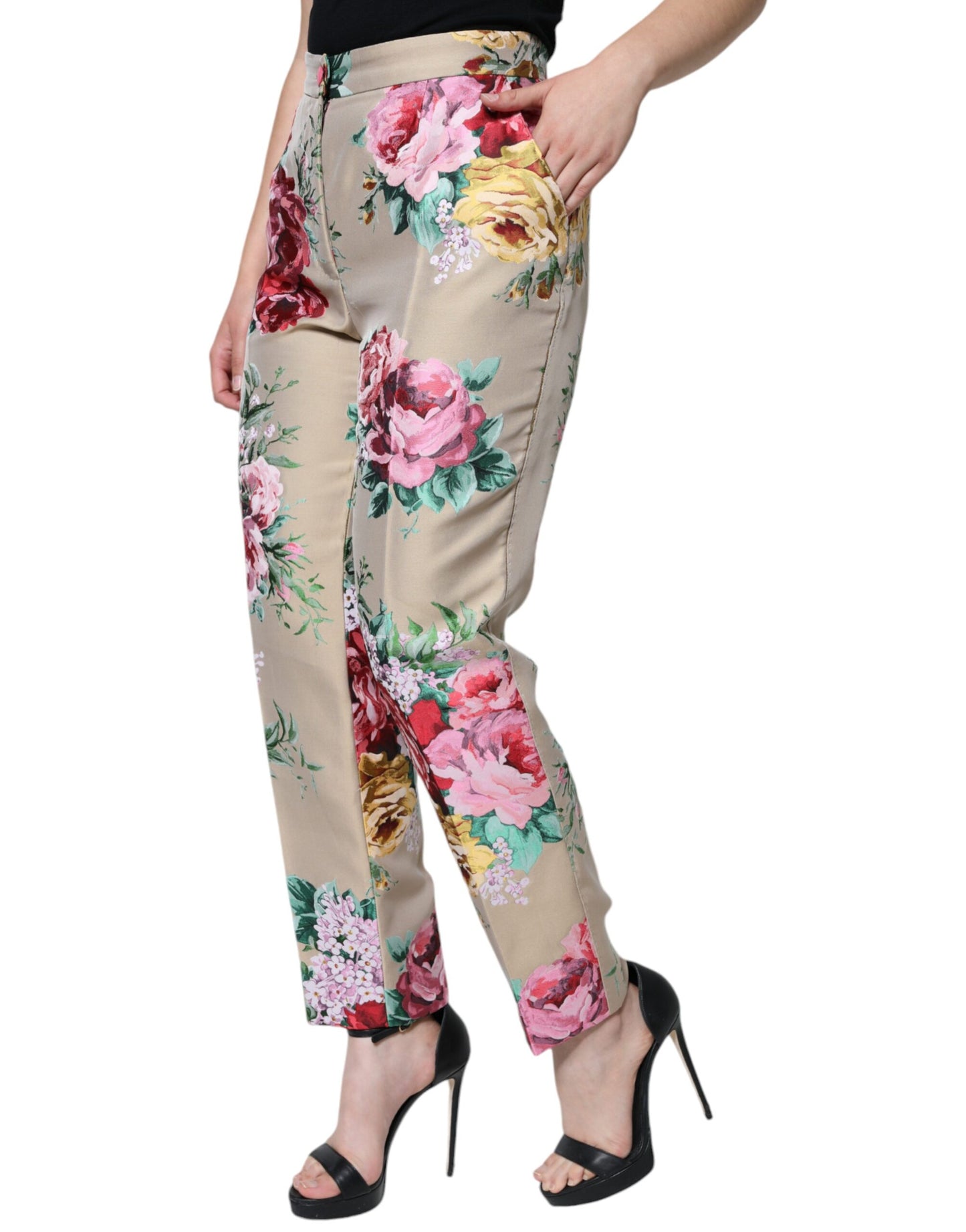 Pantalones ajustados de cintura alta con estampado floral en jacquard beige