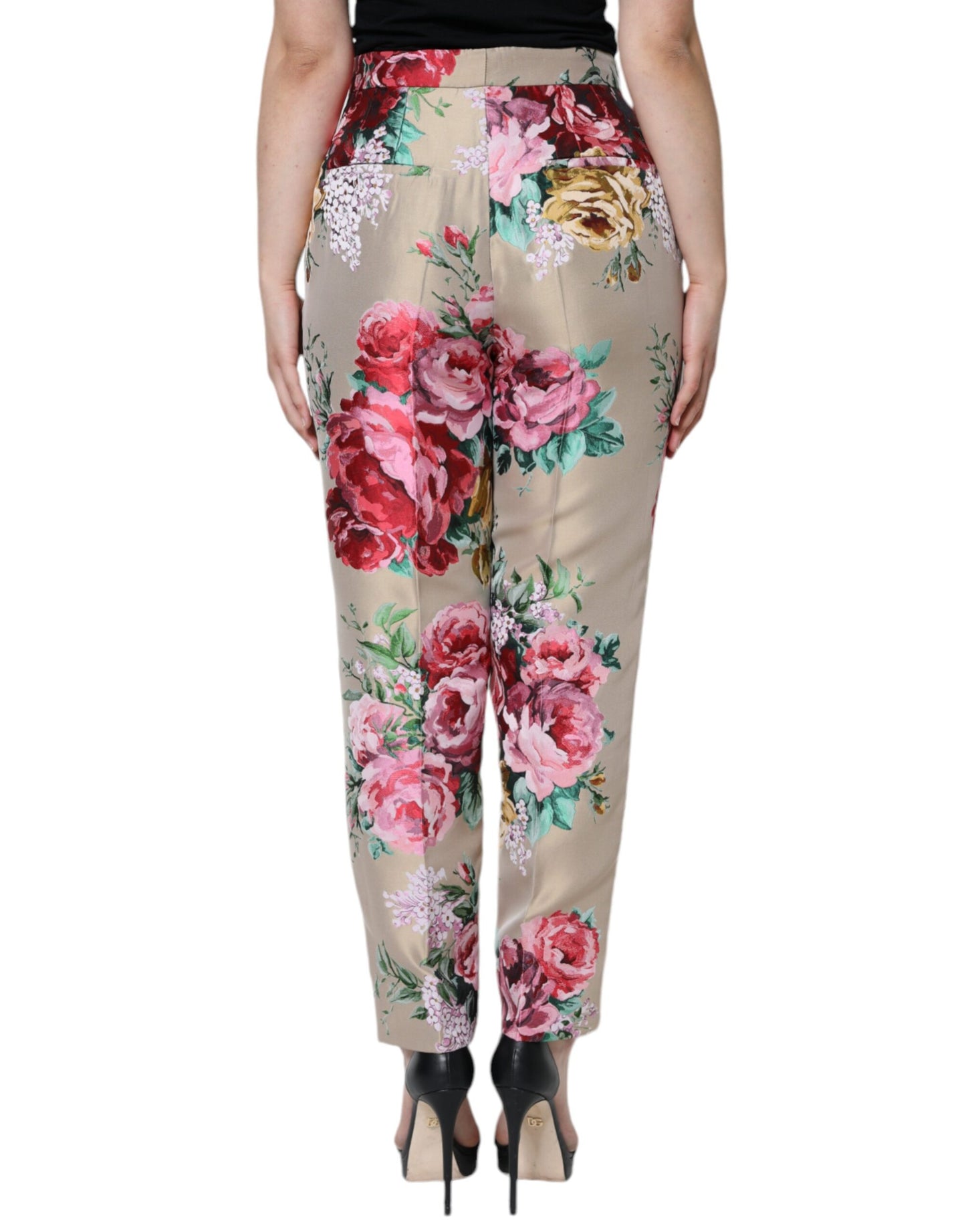 Pantalones ajustados de cintura alta con estampado floral en jacquard beige