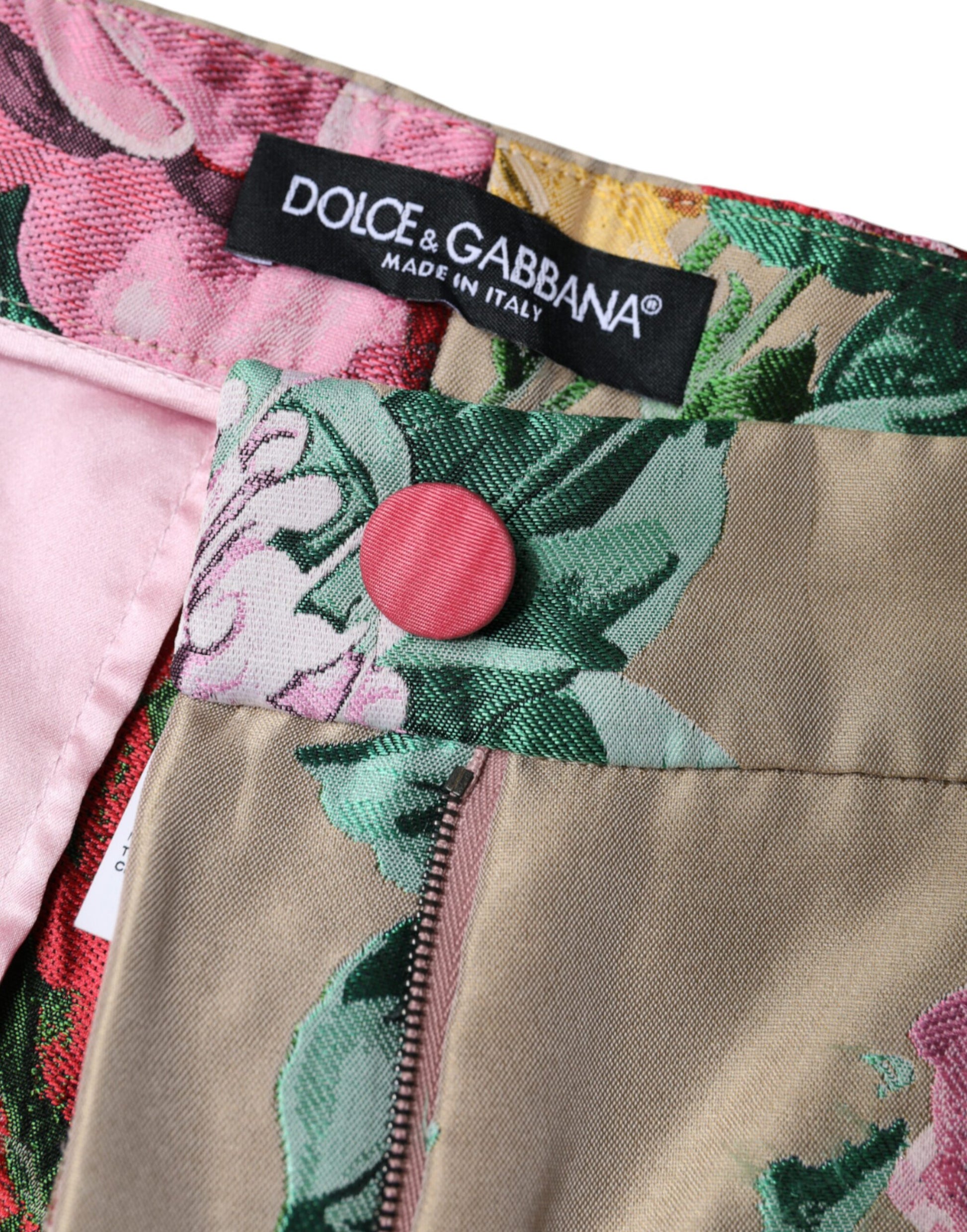 Pantalones ajustados de cintura alta con estampado floral en jacquard beige