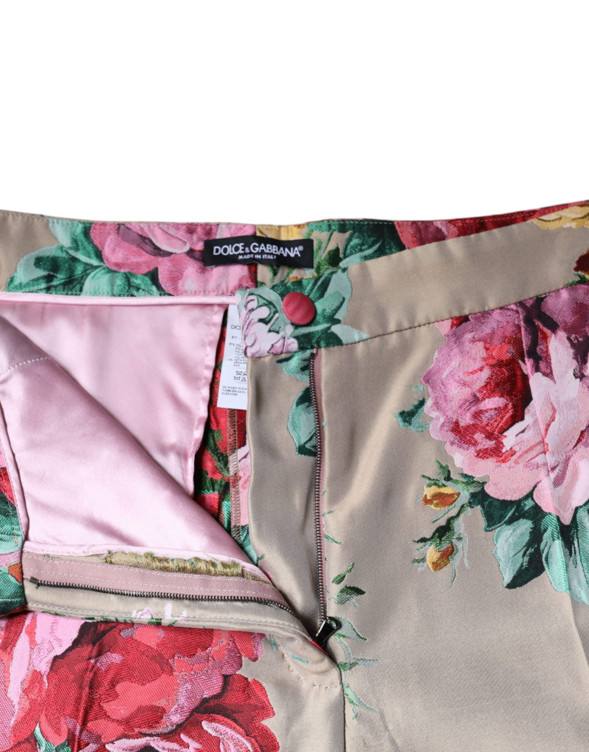 Pantalones ajustados de cintura alta con estampado floral en jacquard beige