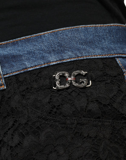 Black Floral Lace Front Skinny Denim Jeans