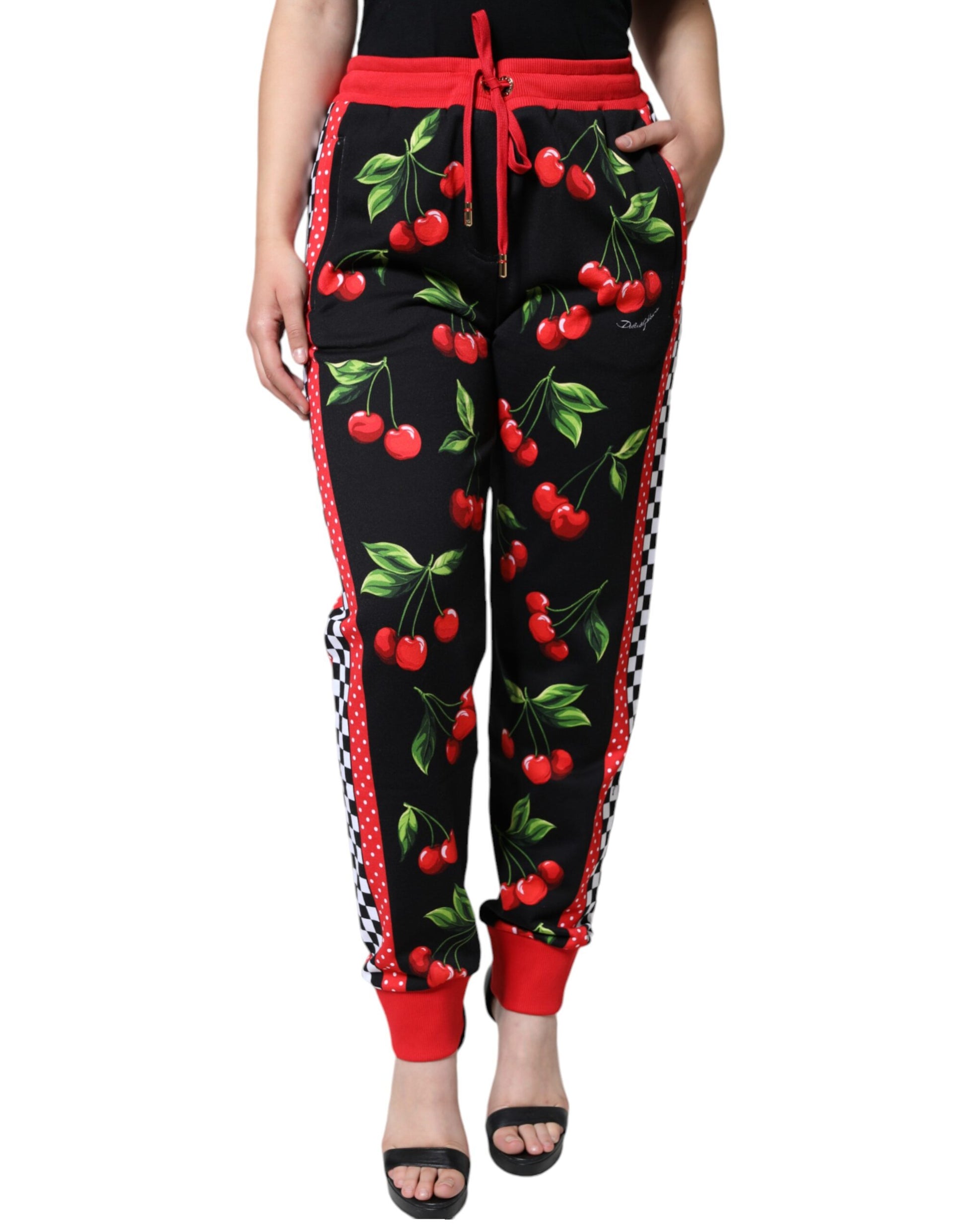 Pantalones deportivos de cintura media con estampado de cerezas rojas y negras