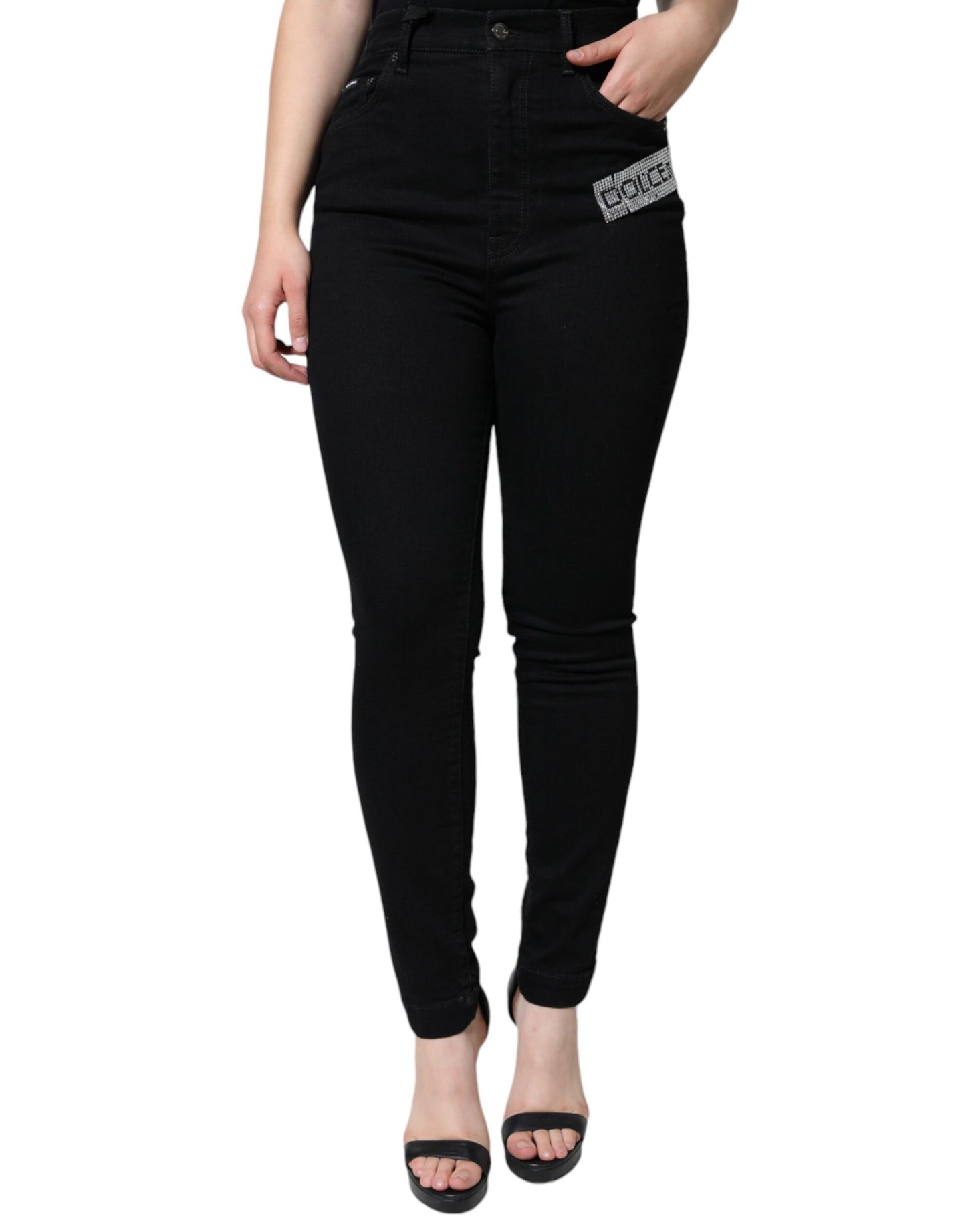 Black Logo Mid Waist Skinny Denim Jeans