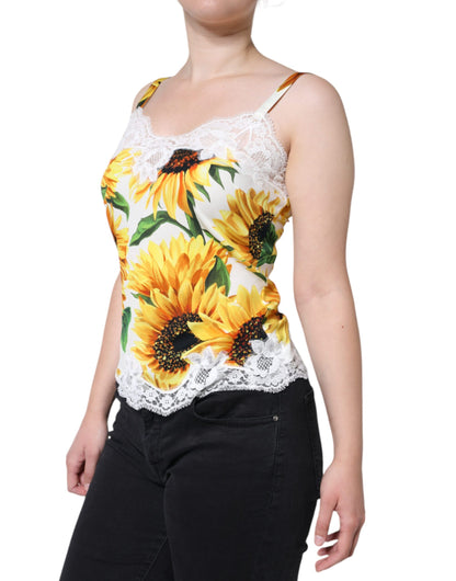 Weißes ärmelloses Tanktop aus Seide mit Sonnenblumenspitze