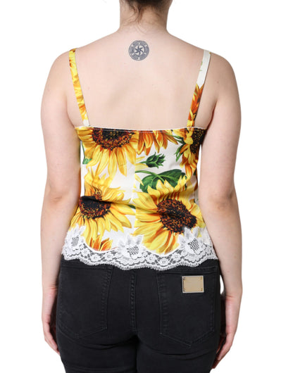 Weißes ärmelloses Tanktop aus Seide mit Sonnenblumenspitze