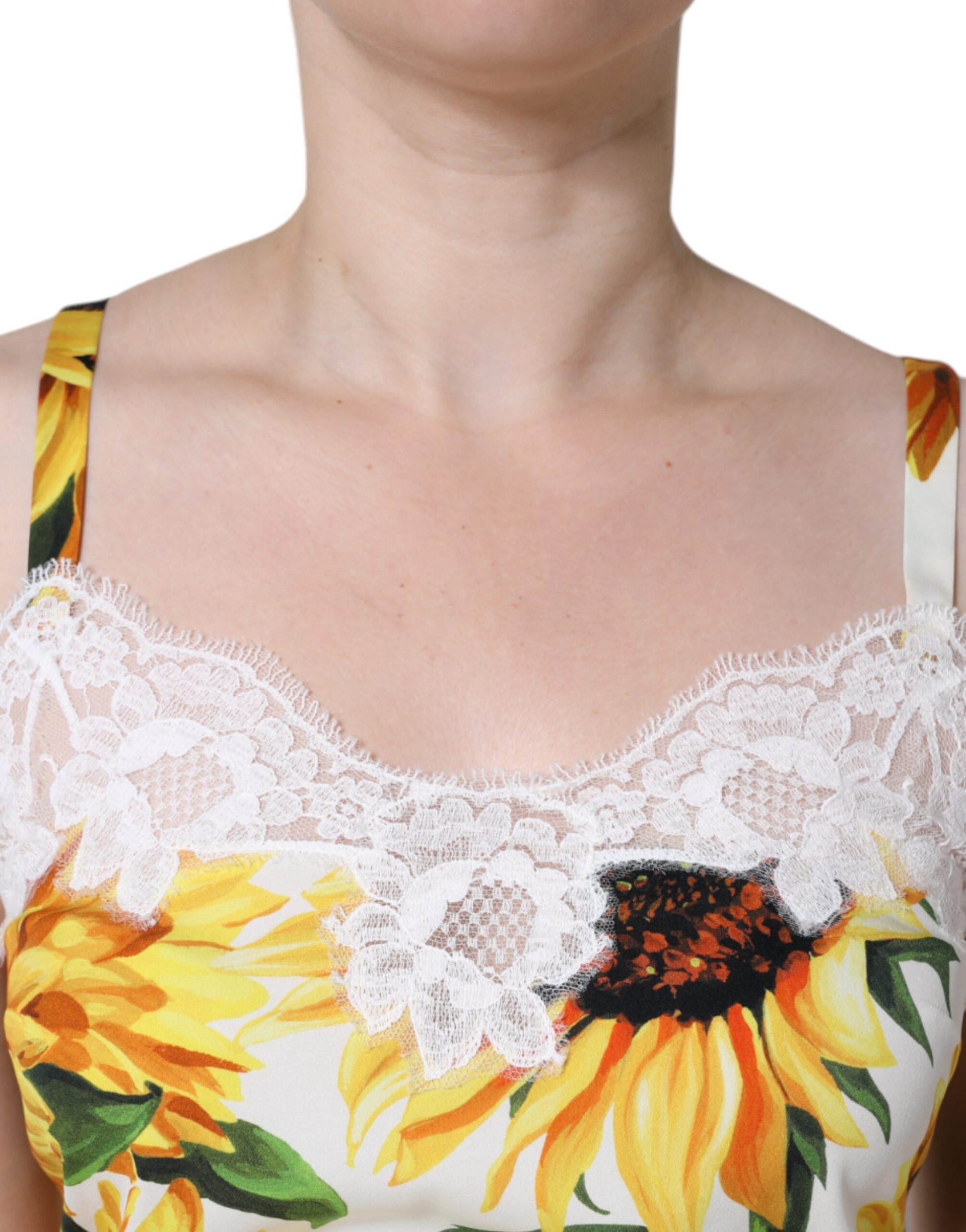 Weißes ärmelloses Tanktop aus Seide mit Sonnenblumenspitze