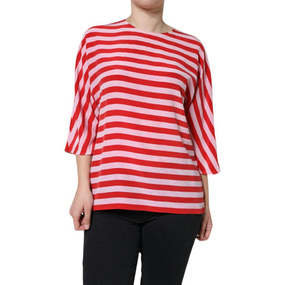 White Red Striped Silk Round Neck T-shirt