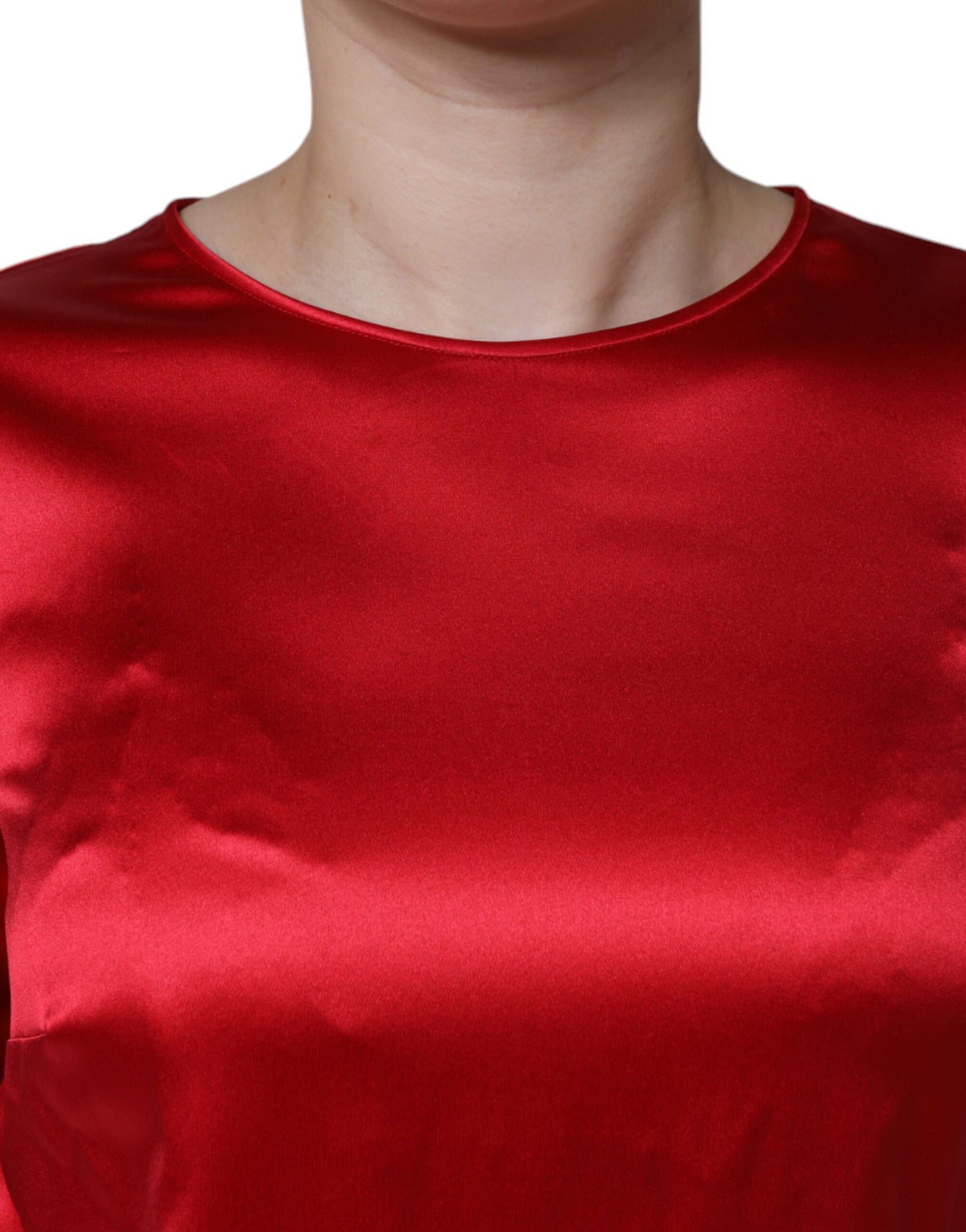 Red Satin Lace Trim Round Neck Blouse Top