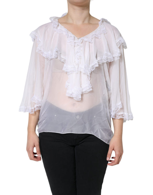 White Ruffles Lace Long Sleeve Blouse Top