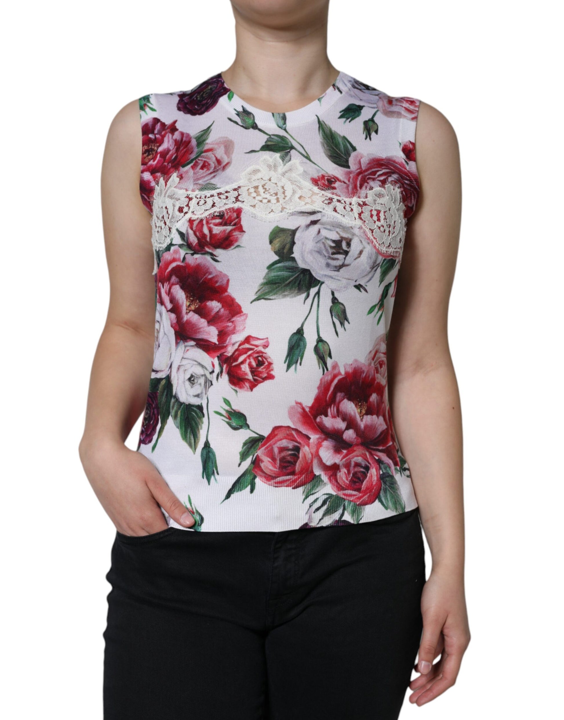 Weißes ärmelloses Tanktop aus Seide mit Blumenspitze