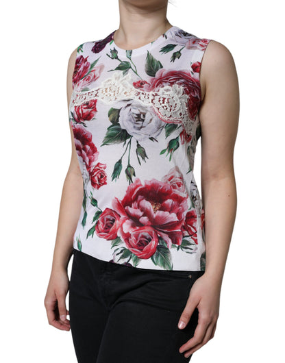 Weißes ärmelloses Tanktop aus Seide mit Blumenspitze