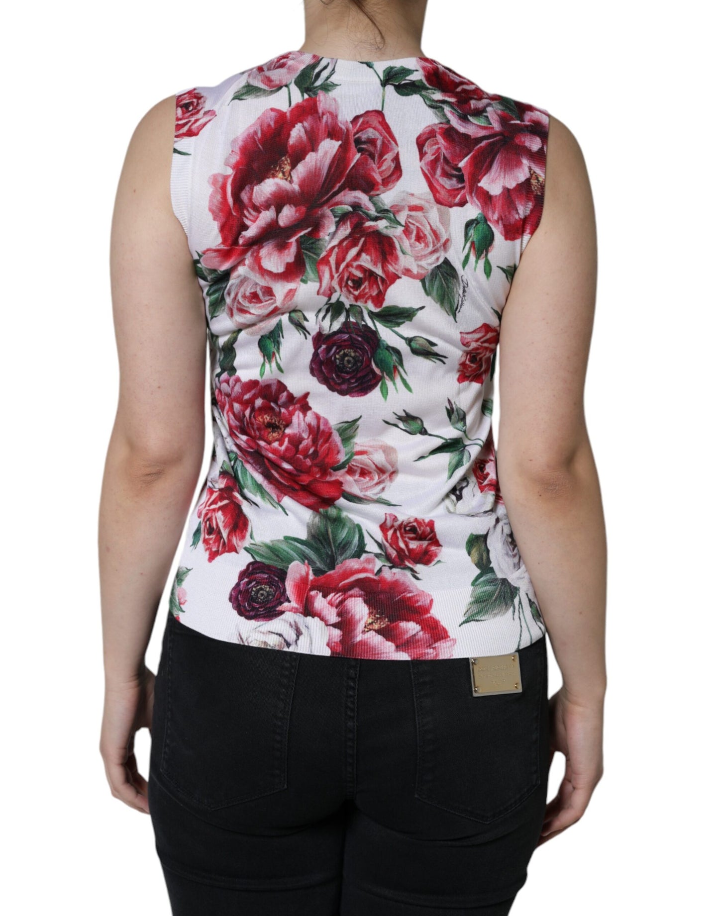 Weißes ärmelloses Tanktop aus Seide mit Blumenspitze