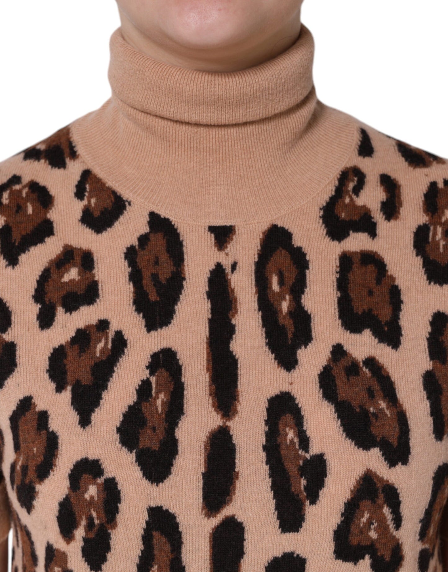 Beige Leopard Print Wool Turtleneck Top