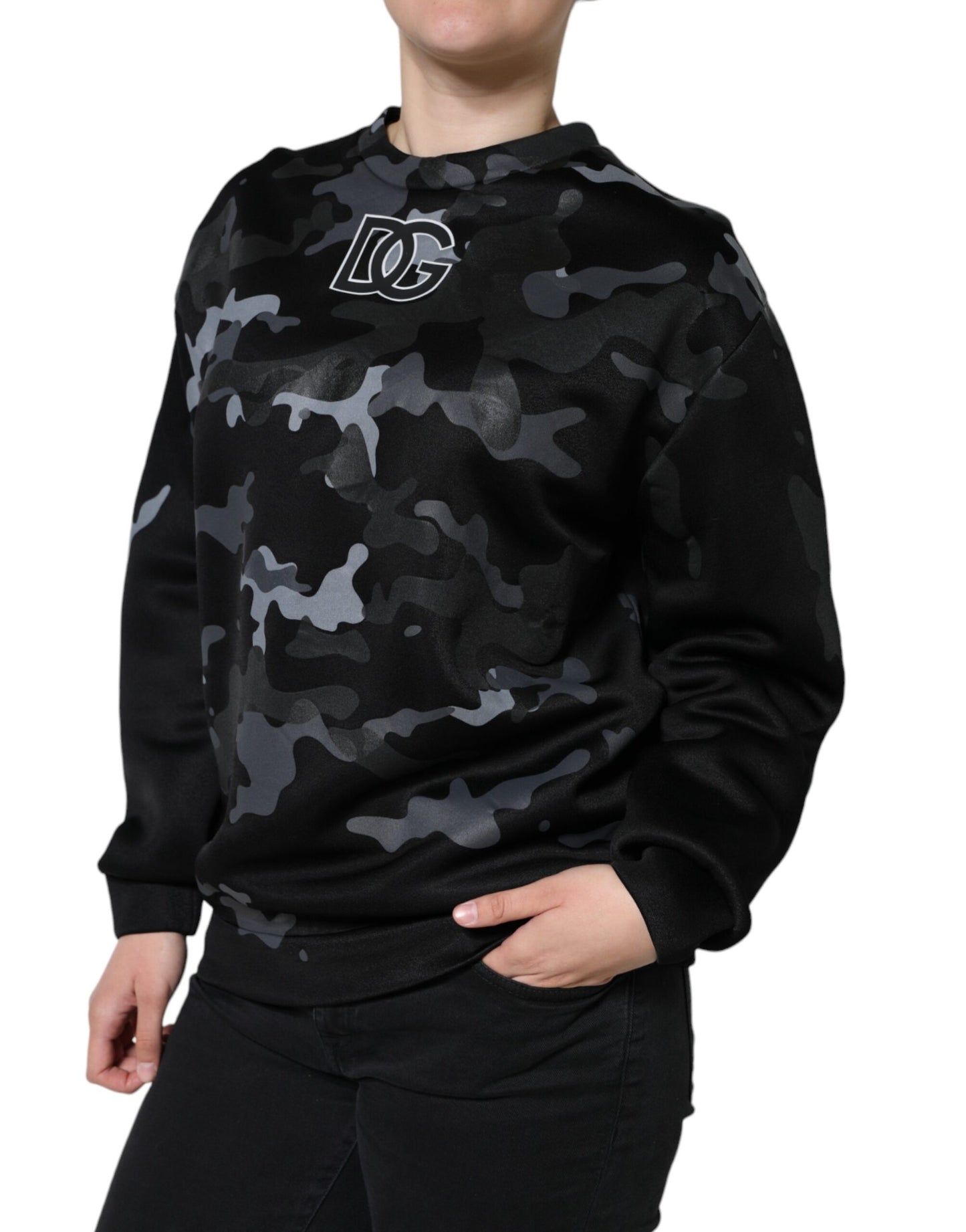 Suéter tipo sudadera con cuello redondo y estampado de camuflaje negro