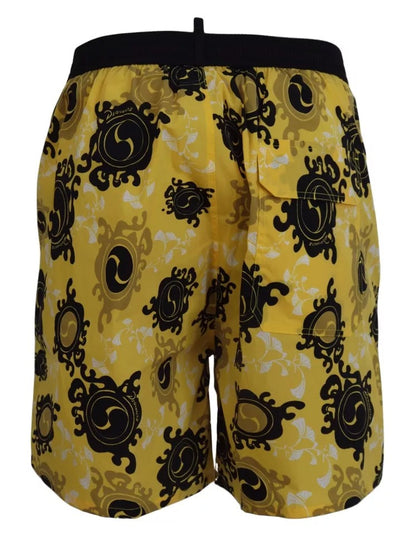 Yellow Black Printed Nylon Beachwear Shorts Swimwear