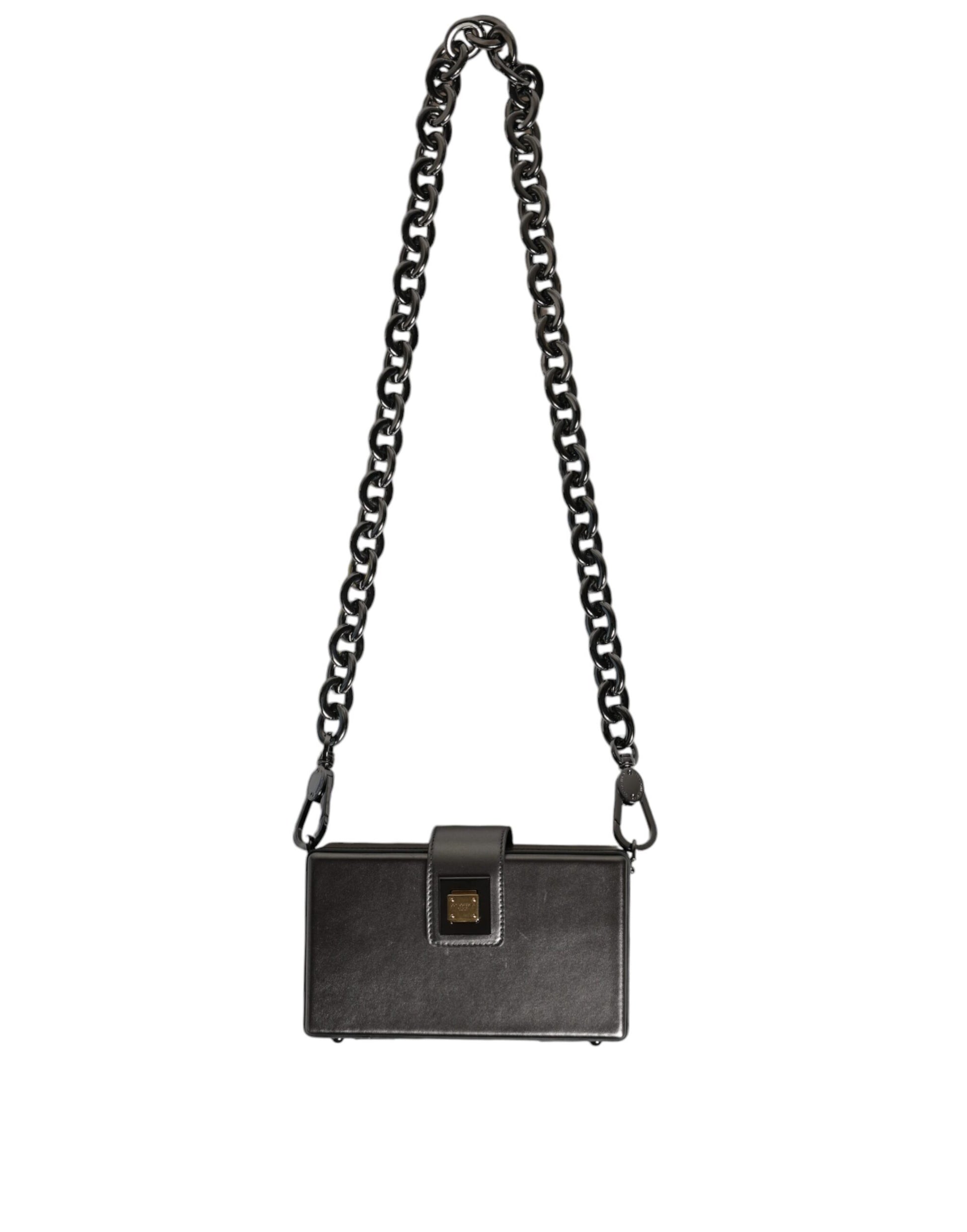 Bolso bandolera de piel DG BOX color gris metalizado con correa de cadena