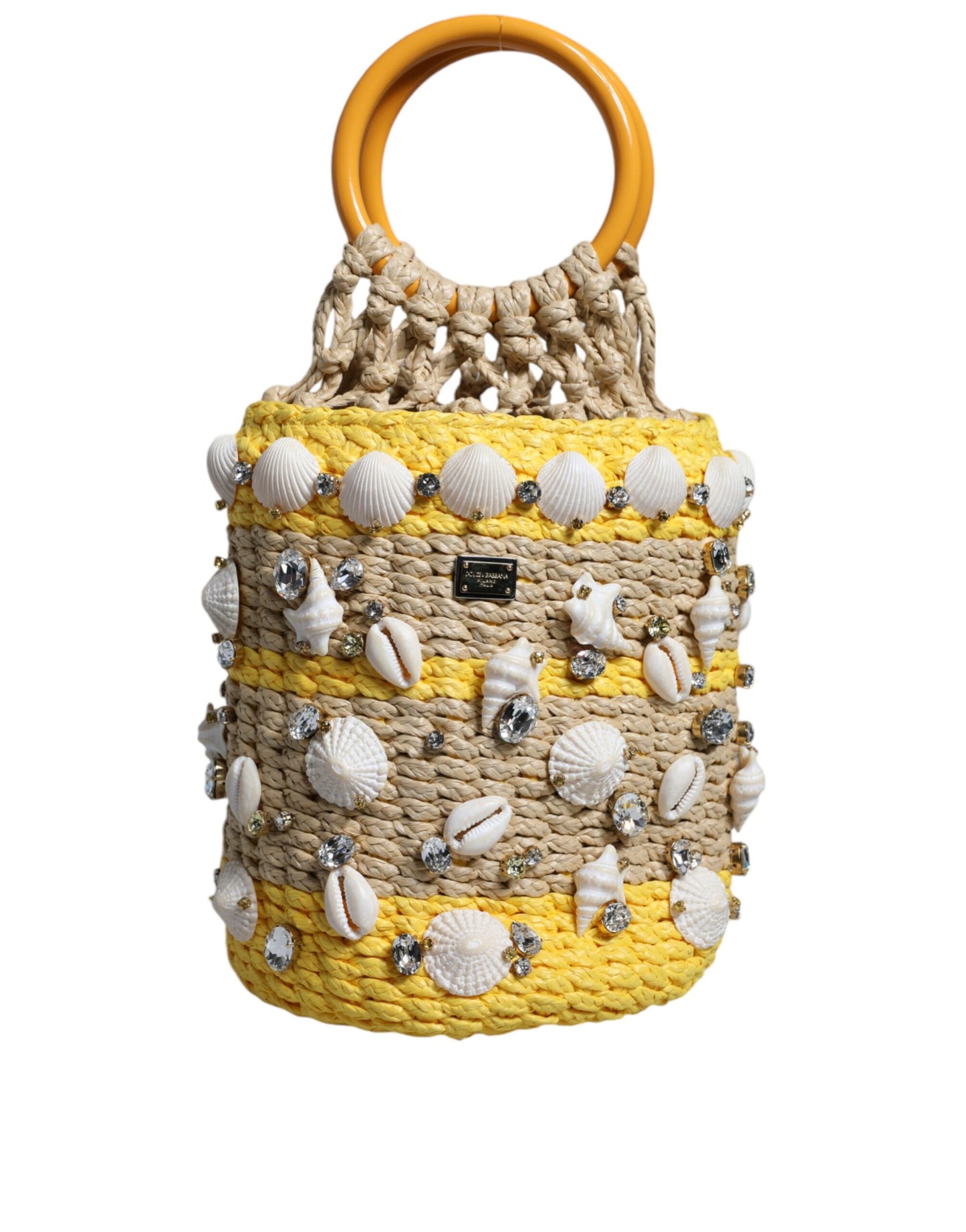 Beige-gelbe Raffia-Beuteltasche mit Muscheln und Kristallen