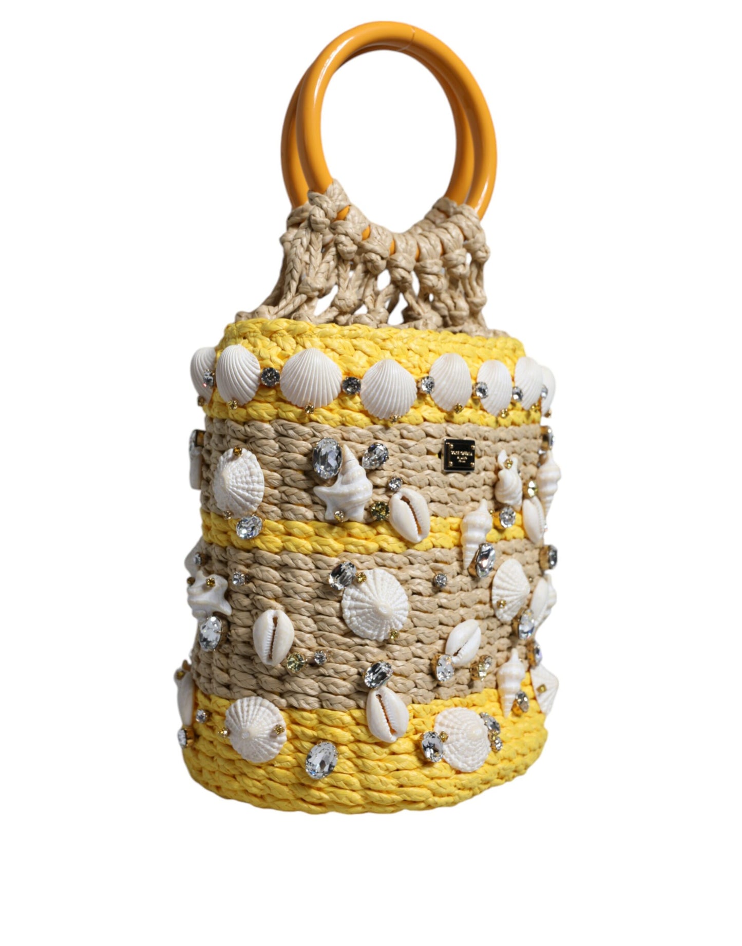 Beige-gelbe Raffia-Beuteltasche mit Muscheln und Kristallen