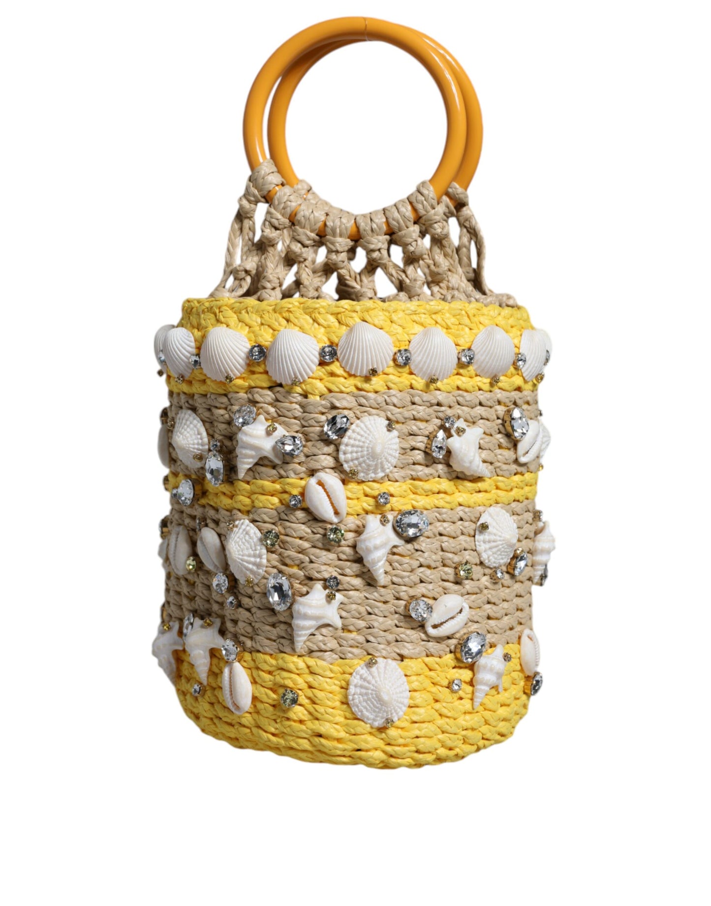 Beige-gelbe Raffia-Beuteltasche mit Muscheln und Kristallen