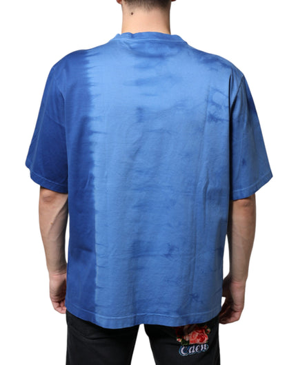 Camiseta de algodón con el símbolo de la paz y efecto tie-dye azul