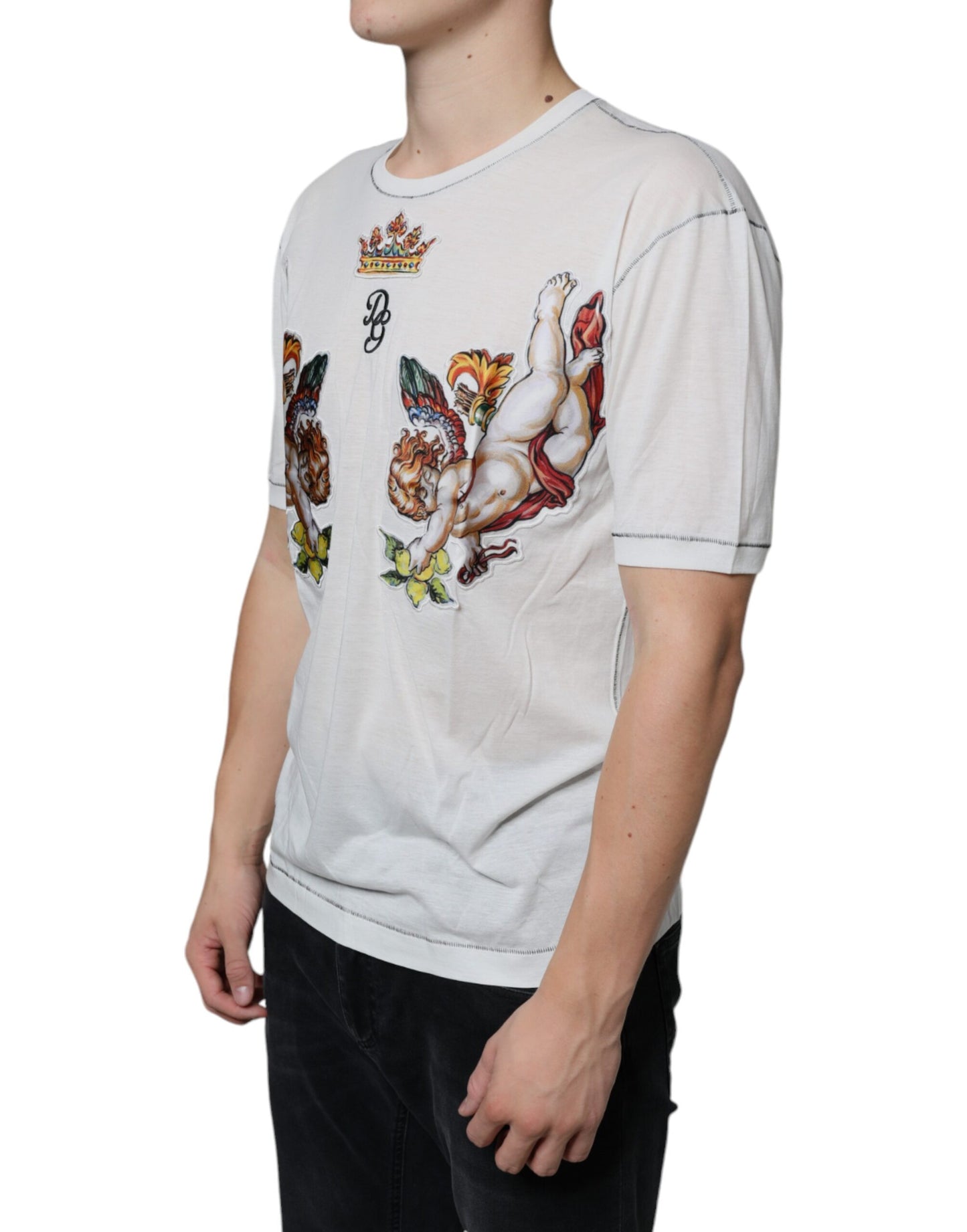 White Angel Crown Print Crew Neck T-shirt