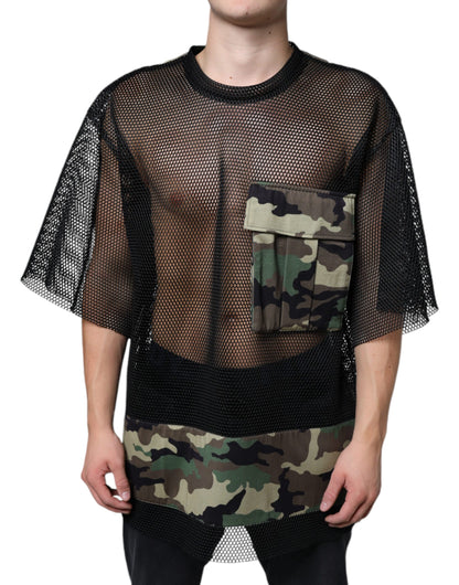 Schwarzes Mesh-Camouflage-Kurzarm-T-Shirt