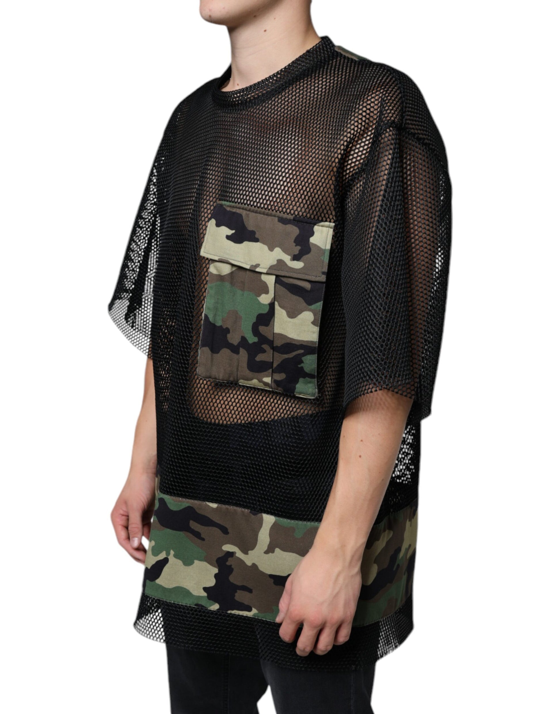 Schwarzes Mesh-Camouflage-Kurzarm-T-Shirt