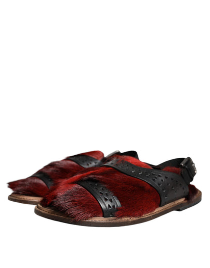 Sandalias de piel con pelo de gacela negra y roja