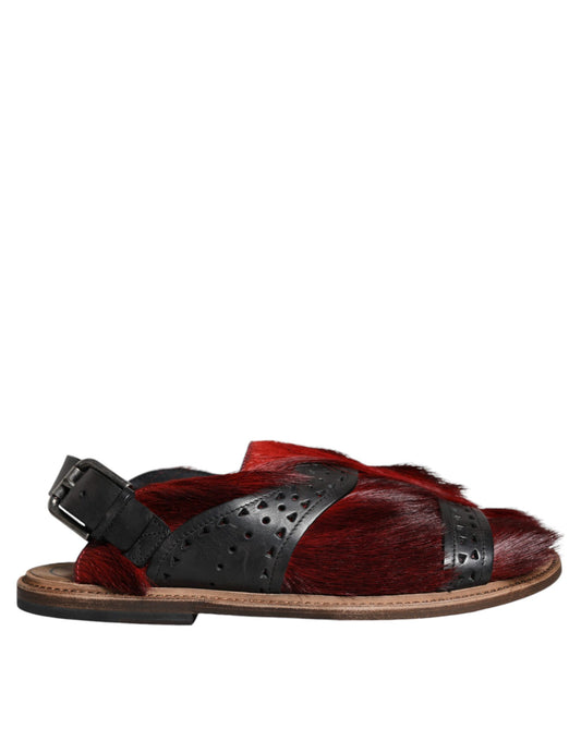 Black Red Gazelle Hair Leather Sandals Shoes