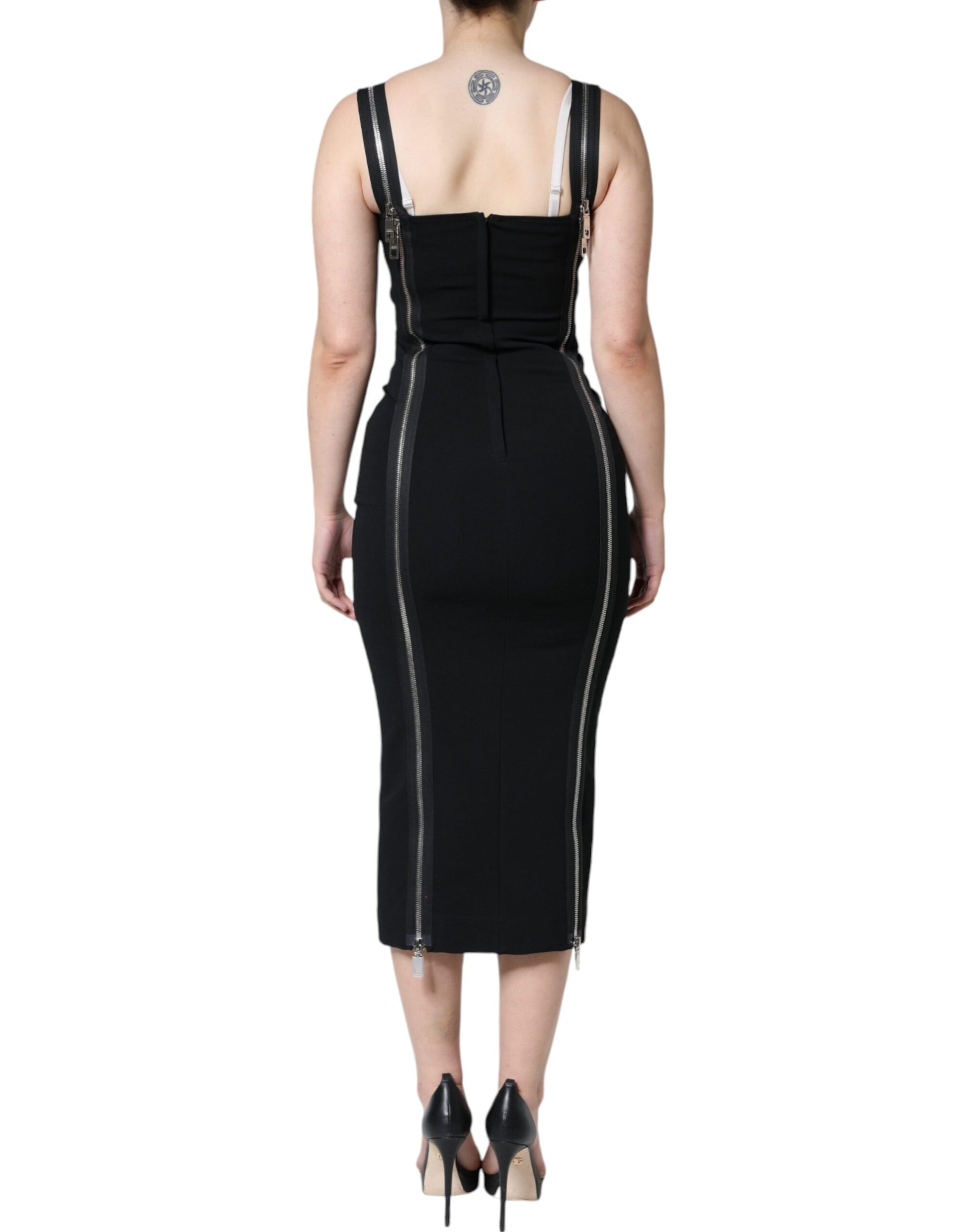 Black Zipper Bodycon Sheath Midi Dress