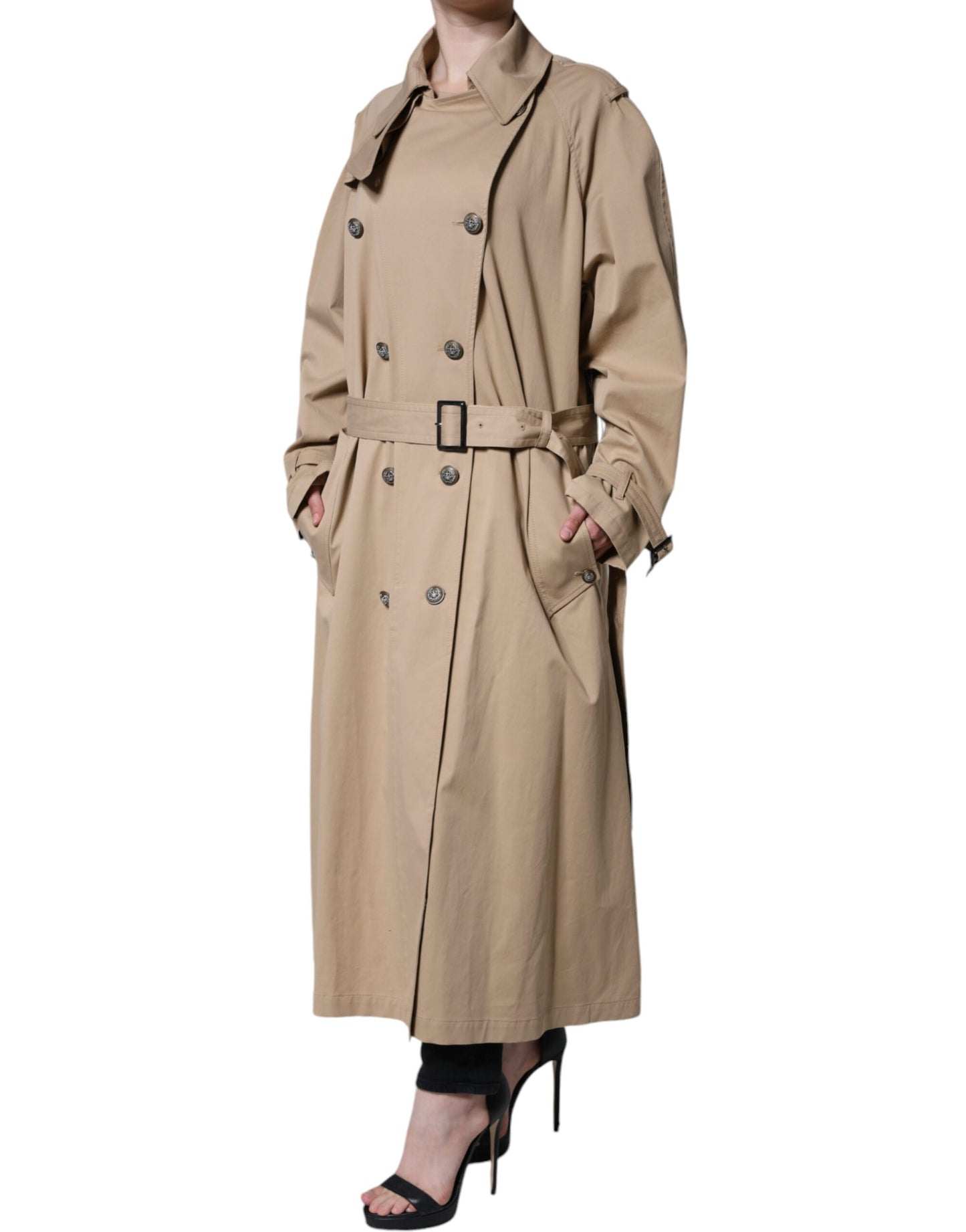 Khakifarbene, zweireihige Trenchcoat-Jacke