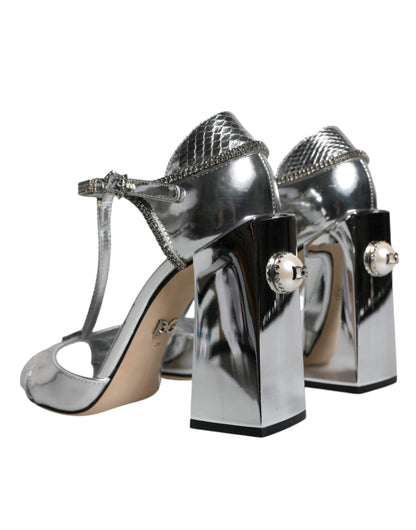 Silver Leather T-strap Heels Sandals Shoes