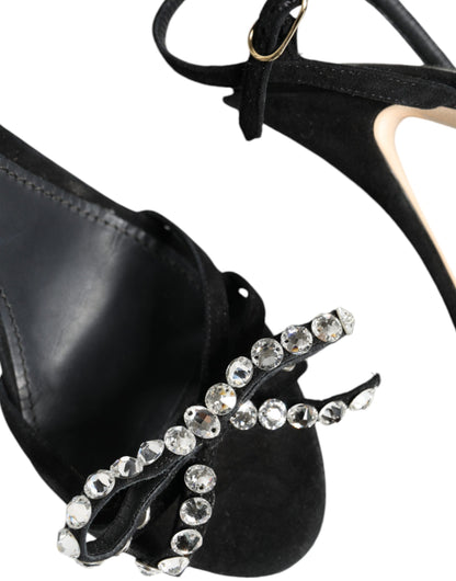 Black Leather Crystal Bow Heels Sandals Shoes