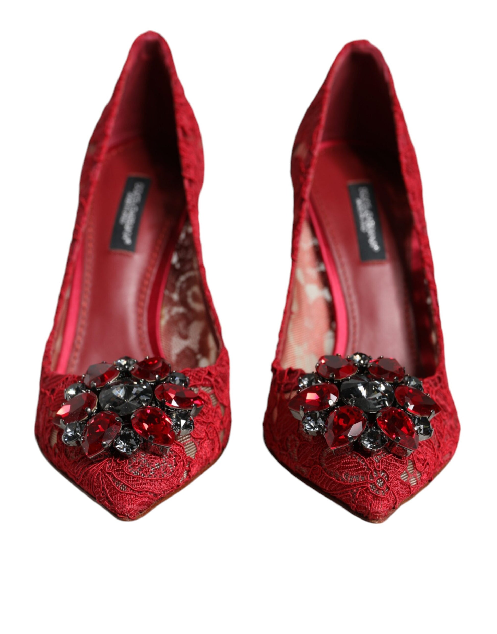 Rote Taormina Pumps mit Spitzen und Kristallabsatz